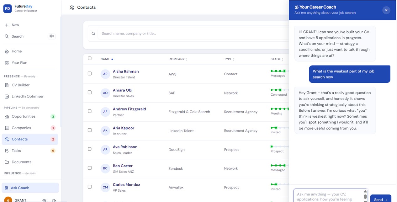 FutureDay's AI career coach, aware of your CV and applications.