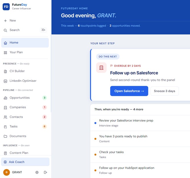 FutureDay, Your Next Step: the daily action queue that tells you the next best move.