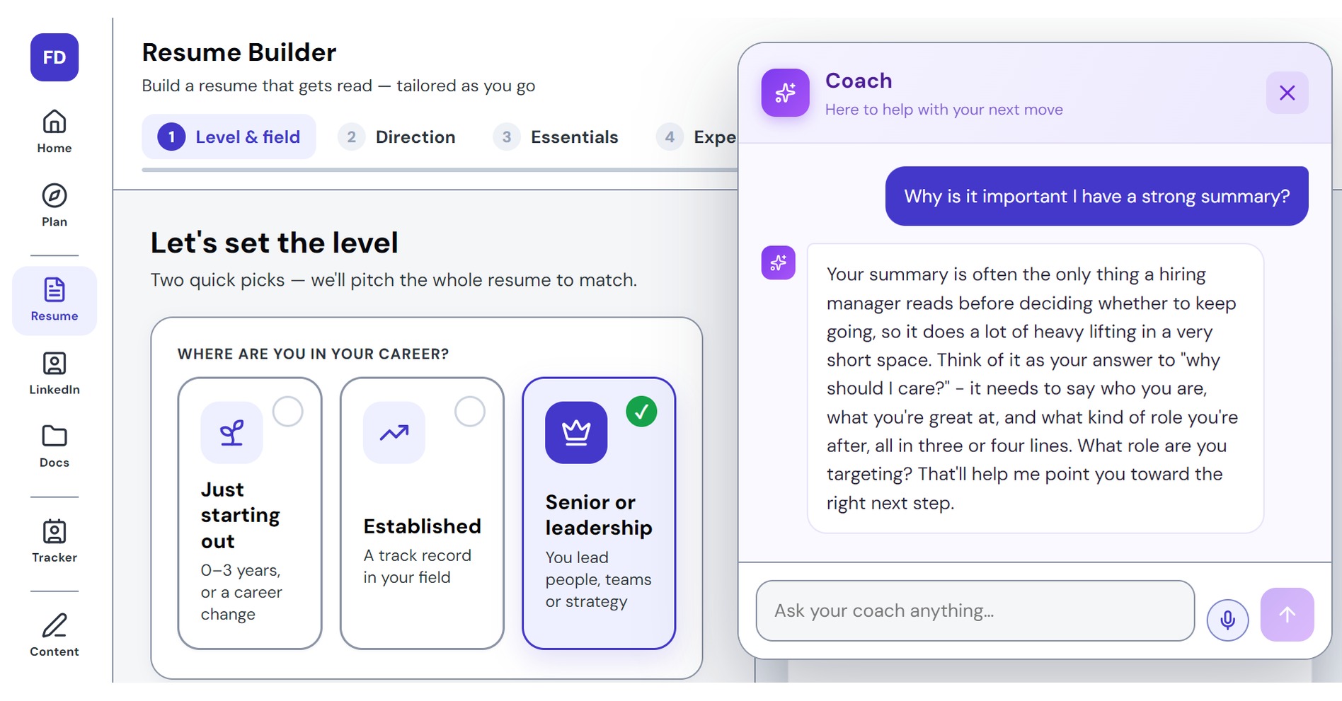 FutureDay's AI career coach, aware of your resume and applications.
