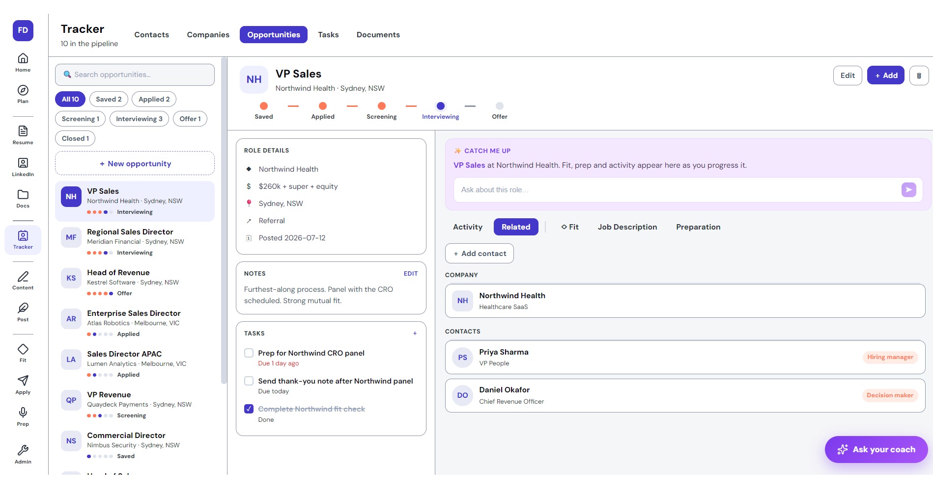 FutureDay Tracker, roles staged from Saved to Offer.