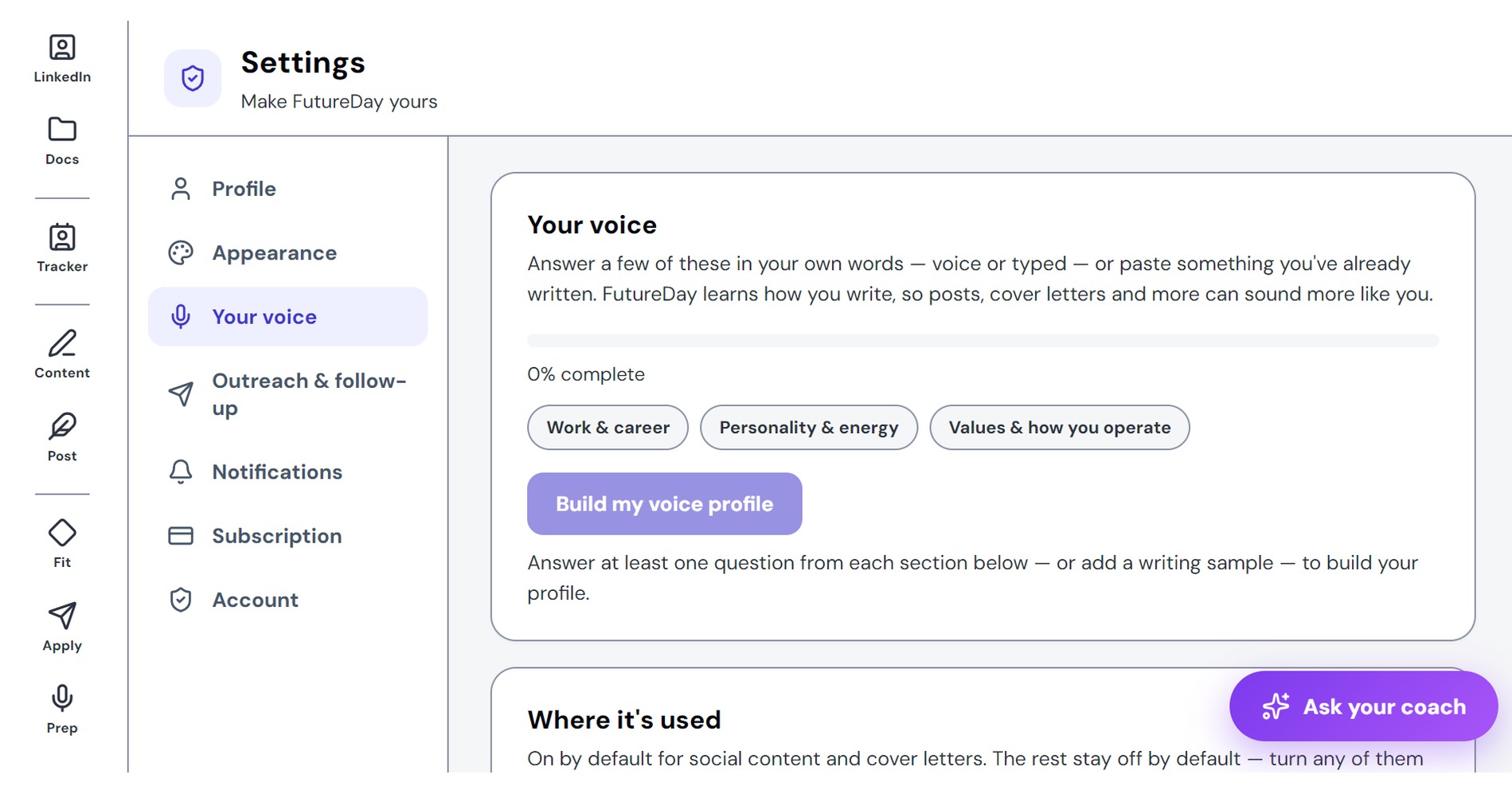FutureDay's Your Voice profile settings, used to keep cover letters and posts sounding like you.